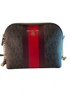 Michael Kors Brown Monogram Cindy Dome Crossbody Bag, Stripe, Chain Small Purse